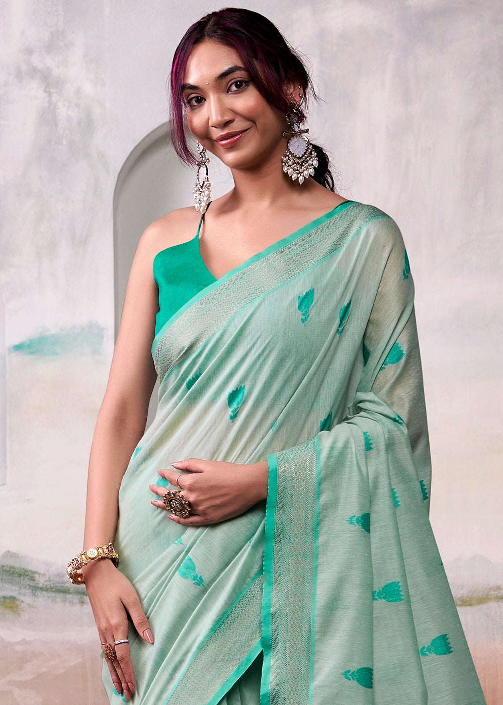 Light Green Saree in Modal Cotton with Zari Border and Rich Pallu