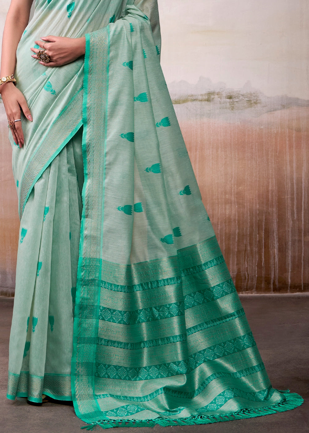 Light Green Saree in Modal Cotton with Zari Border and Rich Pallu