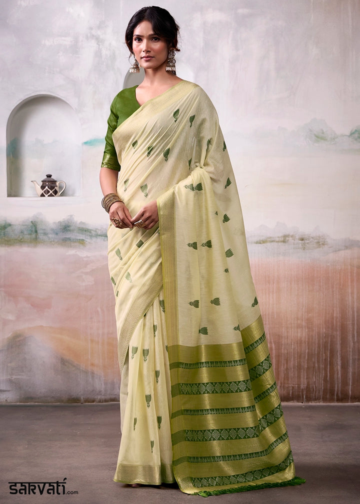 Tea Green Saree in Modal Cotton with Zari Border and Rich Pallu