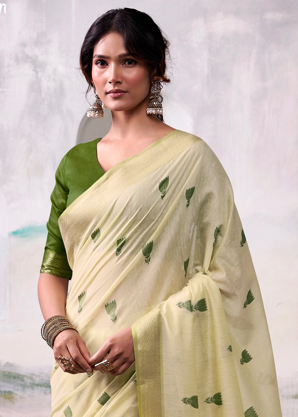 Tea Green Saree in Modal Cotton with Zari Border and Rich Pallu