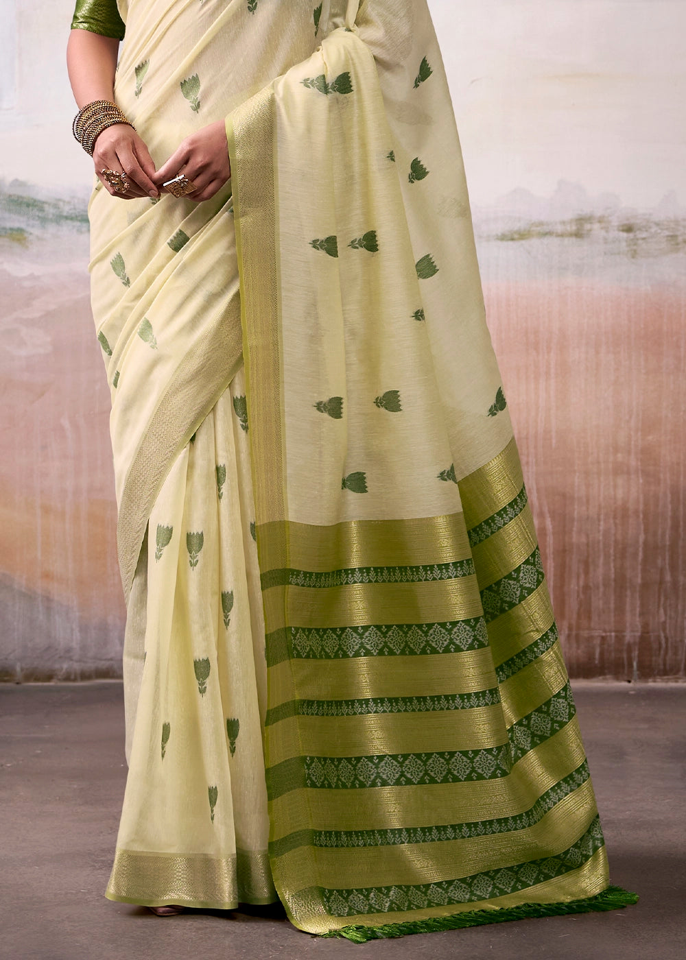 Tea Green Saree in Modal Cotton with Zari Border and Rich Pallu