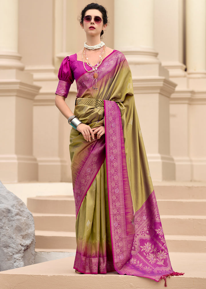 Moss Green Soft Silk Saree with Zari Work and Contrast Pallu