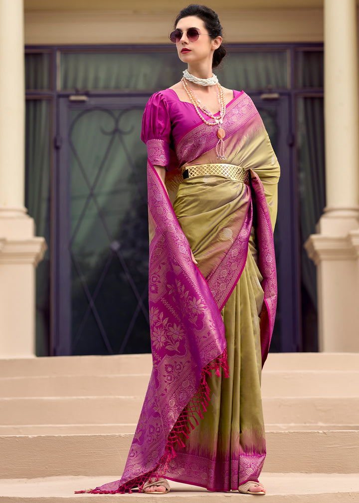 Moss Green Soft Silk Saree with Zari Work and Contrast Pallu