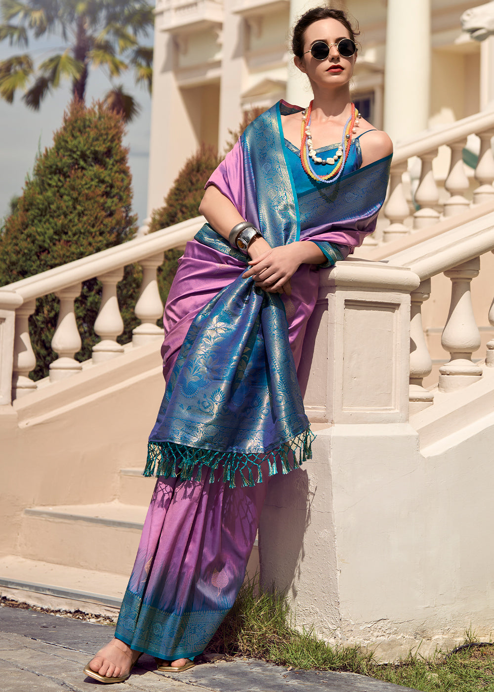 Lilac Purple Soft Silk Saree with Zari Work and Contrast Pallu