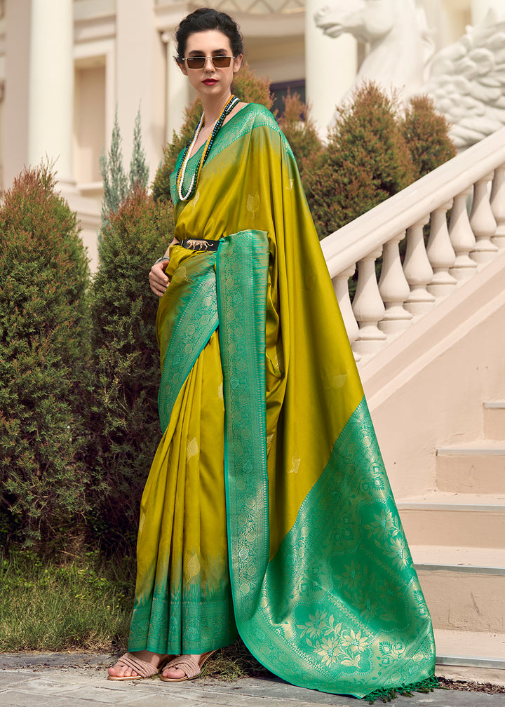 Olive Green Soft Silk Saree with Zari Work and Contrast Pallu