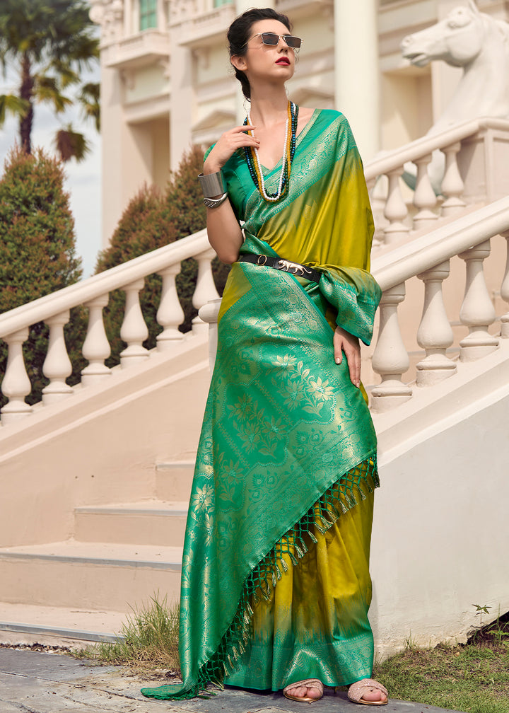 Olive Green Soft Silk Saree with Zari Work and Contrast Pallu