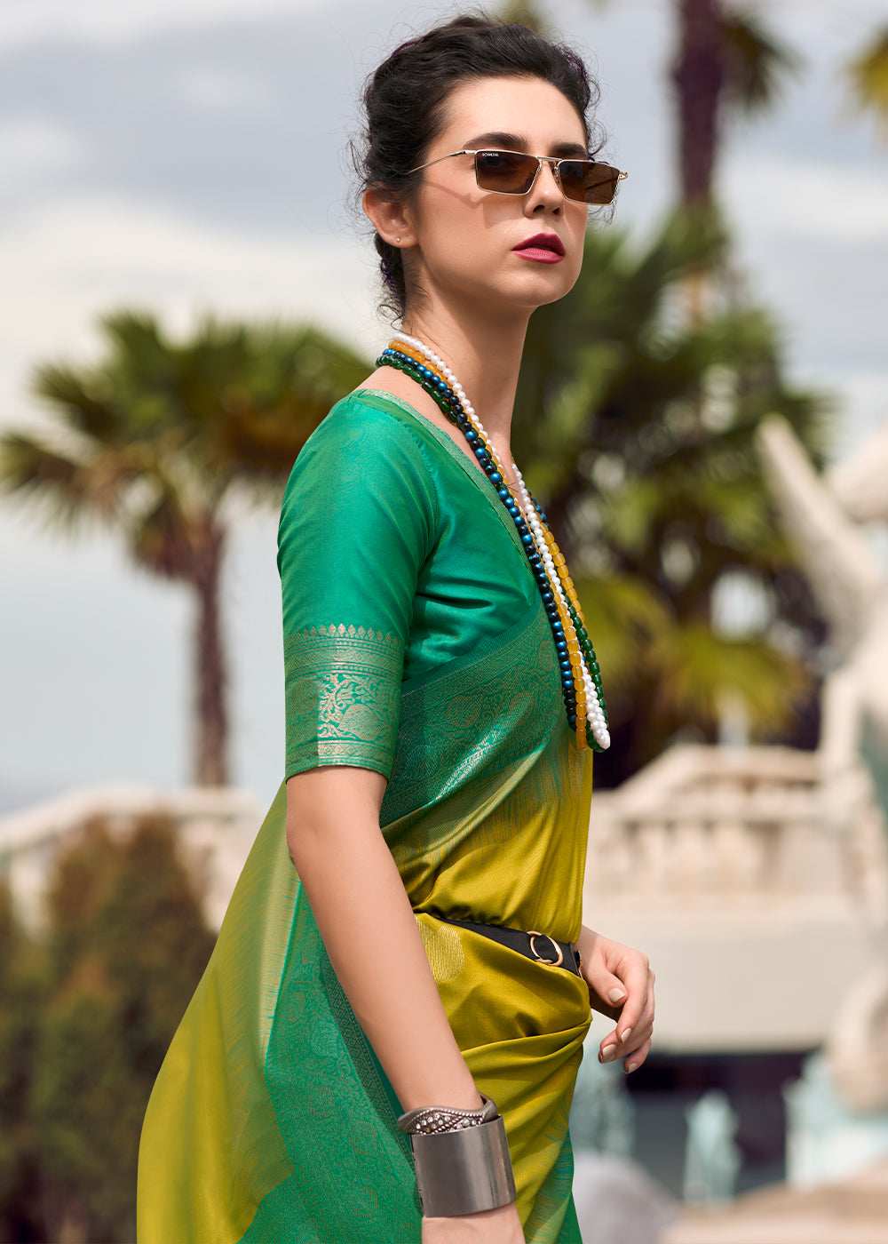 Olive Green Soft Silk Saree with Zari Work and Contrast Pallu