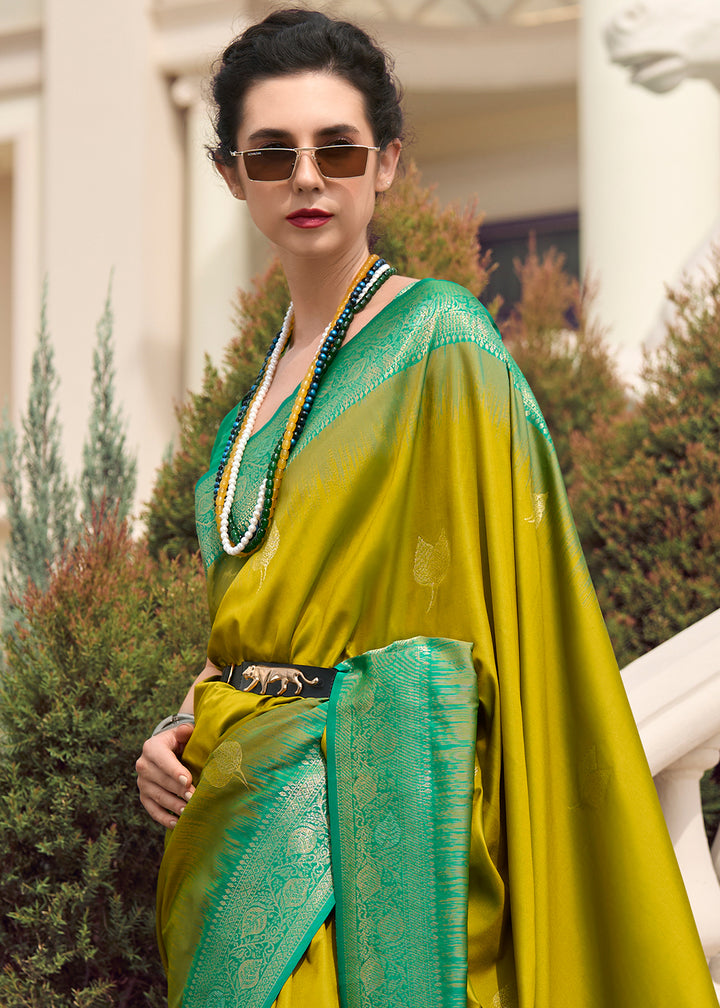 Olive Green Soft Silk Saree with Zari Work and Contrast Pallu