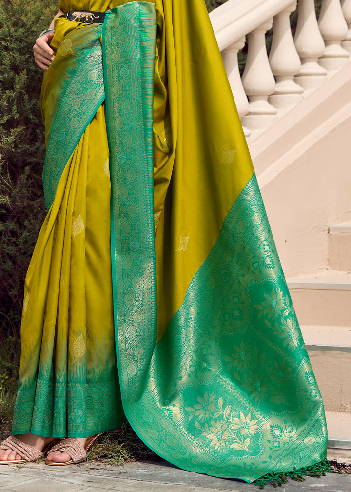 Olive Green Soft Silk Saree with Zari Work and Contrast Pallu