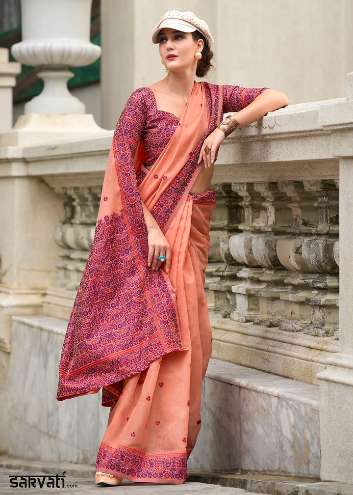 Salmon Orange Soft Linen Cotton Saree with Artistic Meenakari Pallu