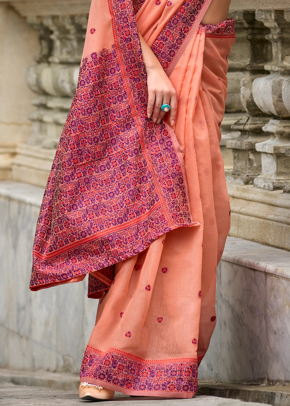 Salmon Orange Soft Linen Cotton Saree with Artistic Meenakari Pallu