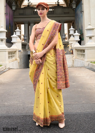 Cadmium Yellow Soft Linen Cotton Saree with Artistic Meenakari Pallu
