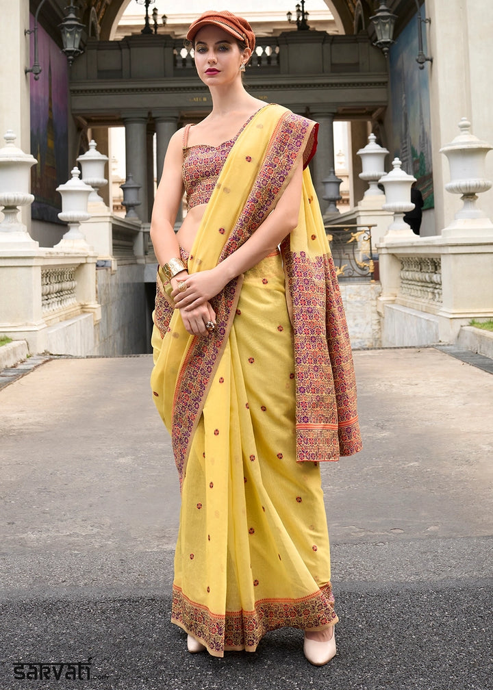 Cadmium Yellow Soft Linen Cotton Saree with Artistic Meenakari Pallu