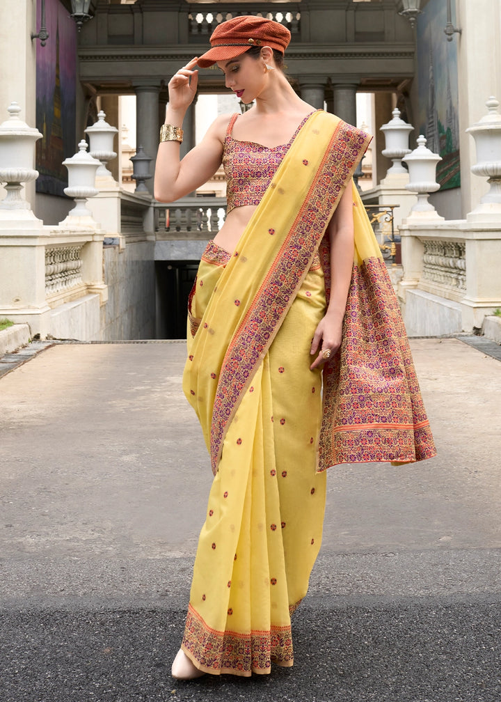 Cadmium Yellow Soft Linen Cotton Saree with Artistic Meenakari Pallu