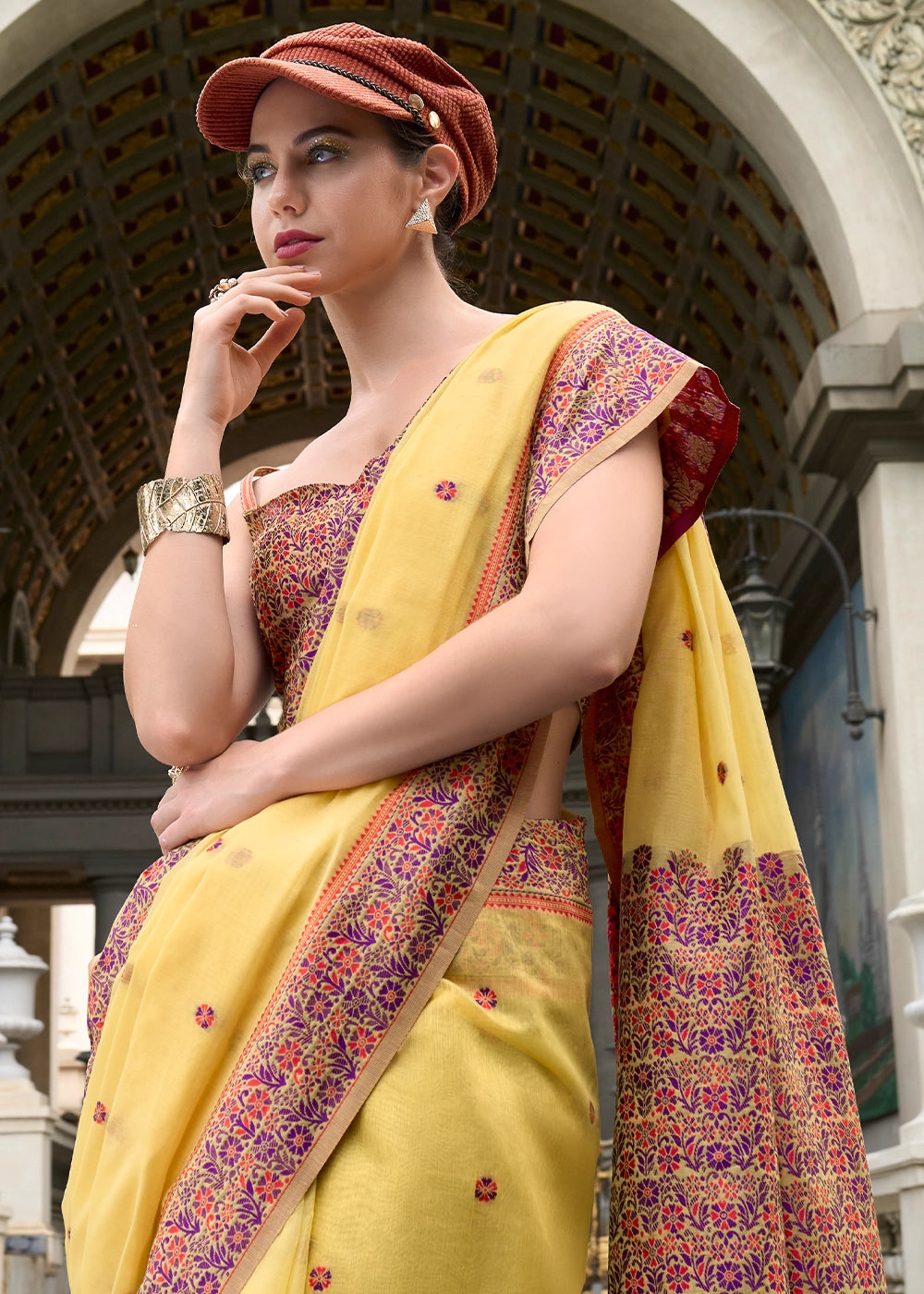 Cadmium Yellow Soft Linen Cotton Saree with Artistic Meenakari Pallu