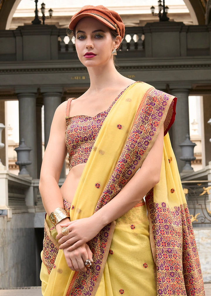 Cadmium Yellow Soft Linen Cotton Saree with Artistic Meenakari Pallu