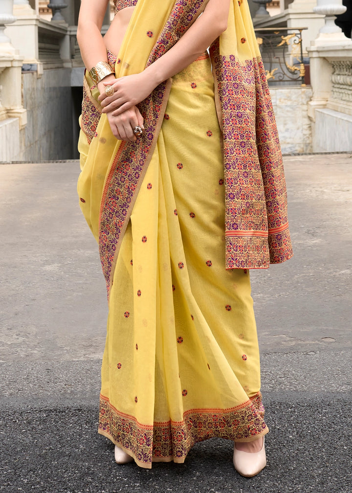 Cadmium Yellow Soft Linen Cotton Saree with Artistic Meenakari Pallu