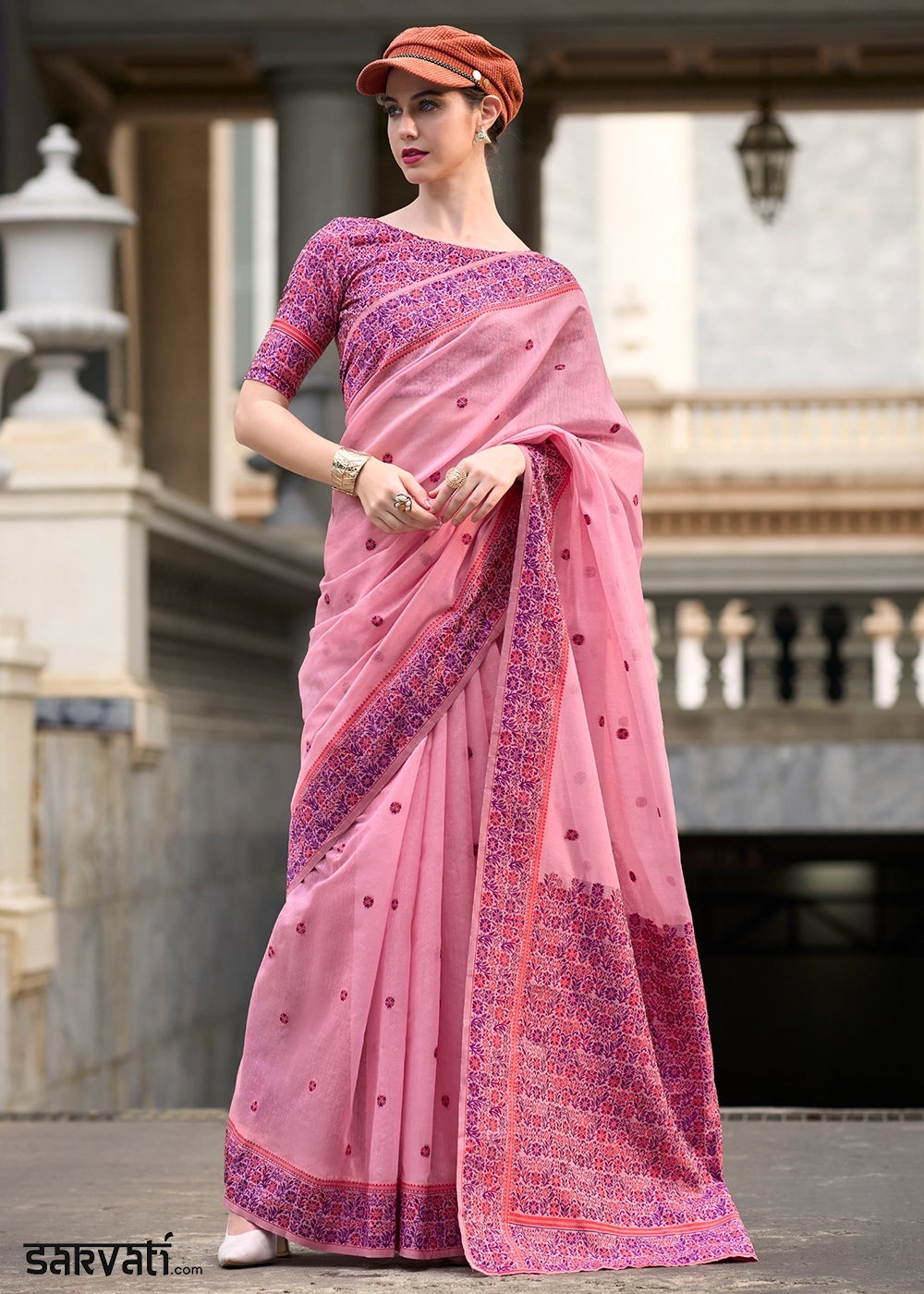 Taffy Pink Soft Linen Cotton Saree with Artistic Meenakari Pallu