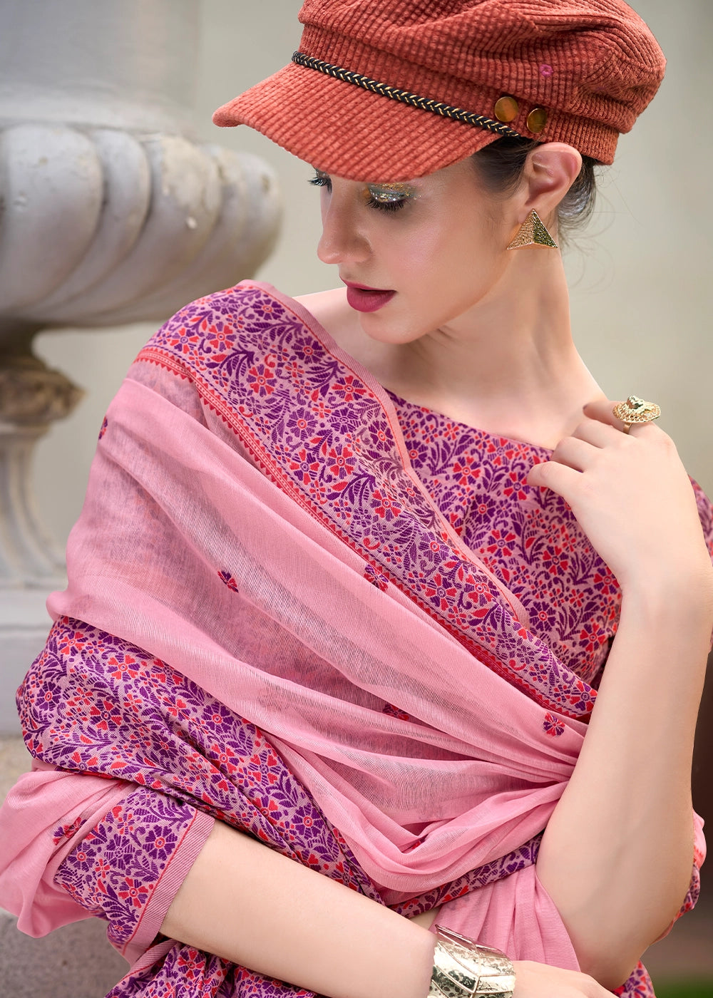 Taffy Pink Soft Linen Cotton Saree with Artistic Meenakari Pallu