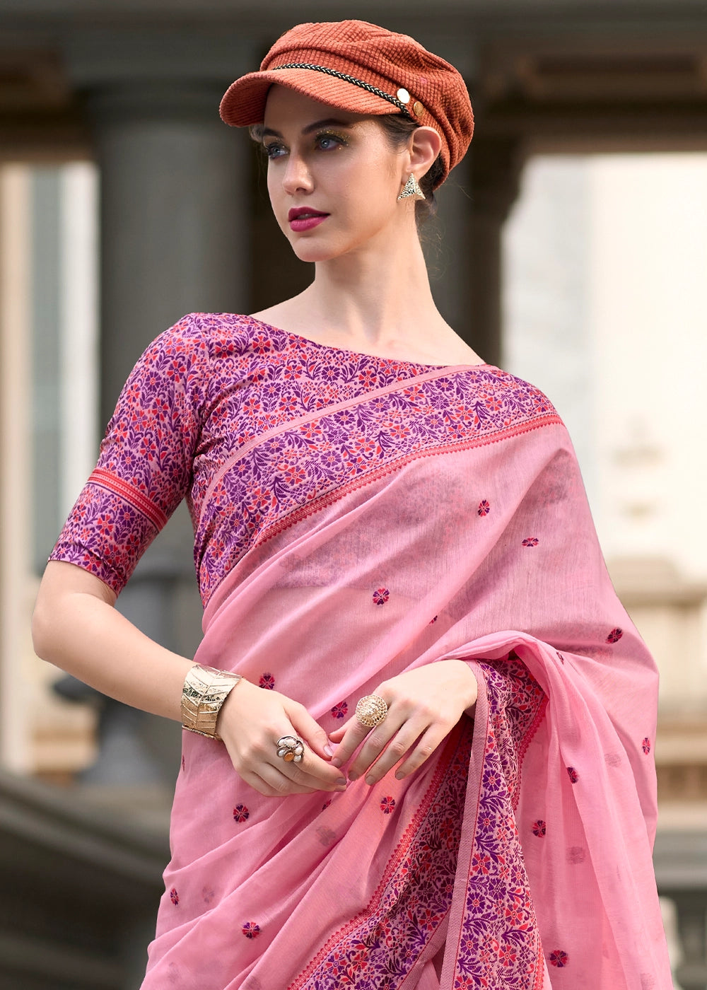 Taffy Pink Soft Linen Cotton Saree with Artistic Meenakari Pallu