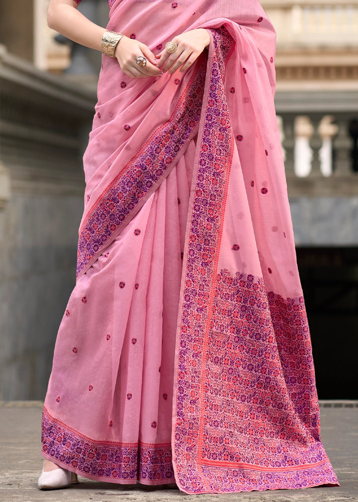 Taffy Pink Soft Linen Cotton Saree with Artistic Meenakari Pallu