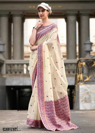 Parchment White Soft Linen Cotton Saree with Artistic Meenakari Pallu