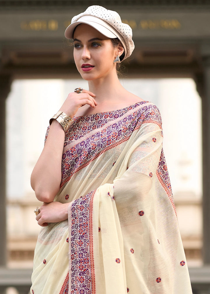 Parchment White Soft Linen Cotton Saree with Artistic Meenakari Pallu