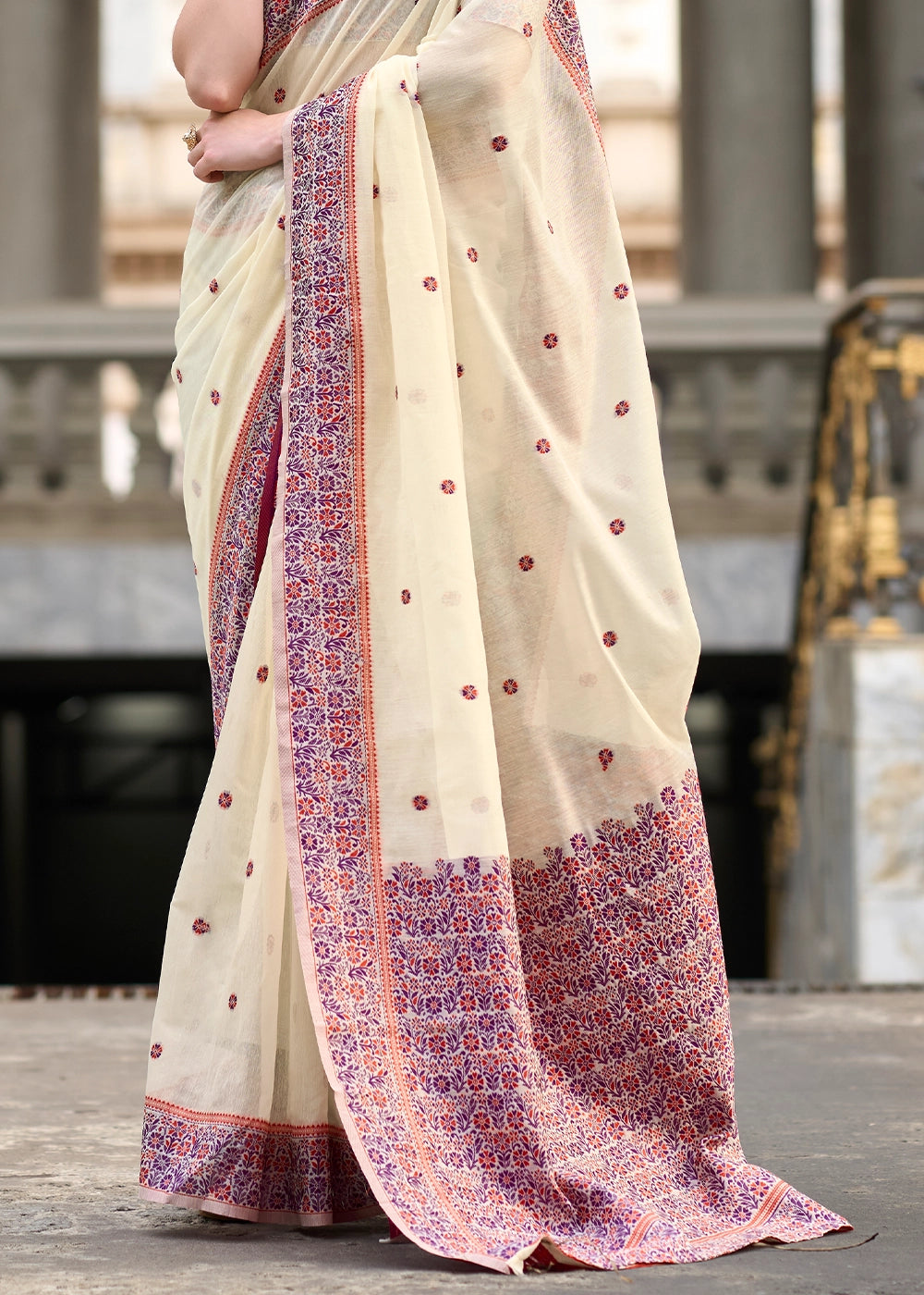 Parchment White Soft Linen Cotton Saree with Artistic Meenakari Pallu