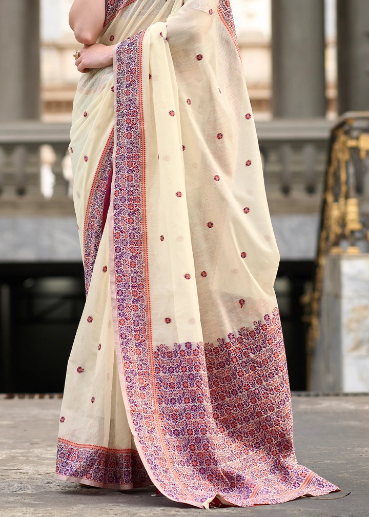 Parchment White Soft Linen Cotton Saree with Artistic Meenakari Pallu