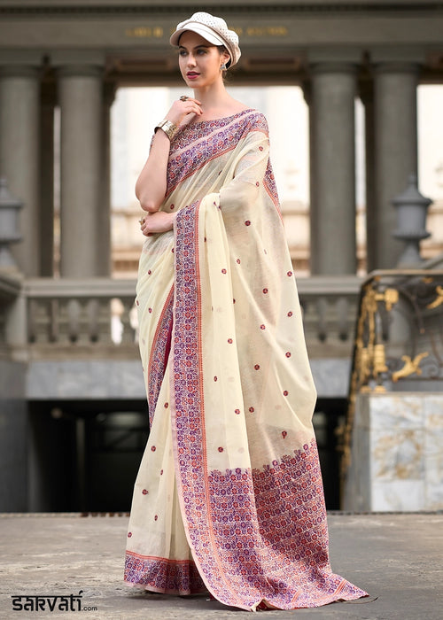 Parchment White Soft Linen Cotton Saree with Artistic Meenakari Pallu