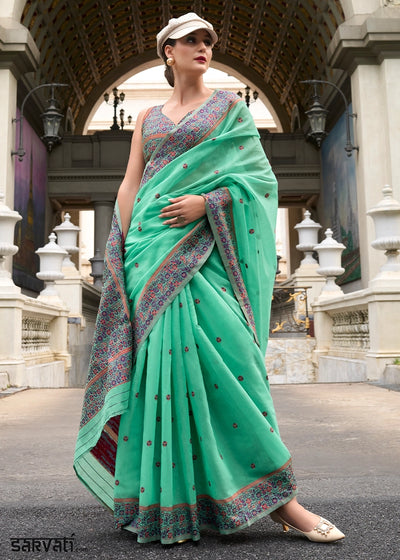 Mint Green Soft Linen Cotton Saree with Artistic Meenakari Pallu