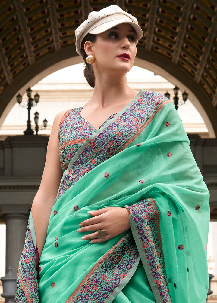 Mint Green Soft Linen Cotton Saree with Artistic Meenakari Pallu