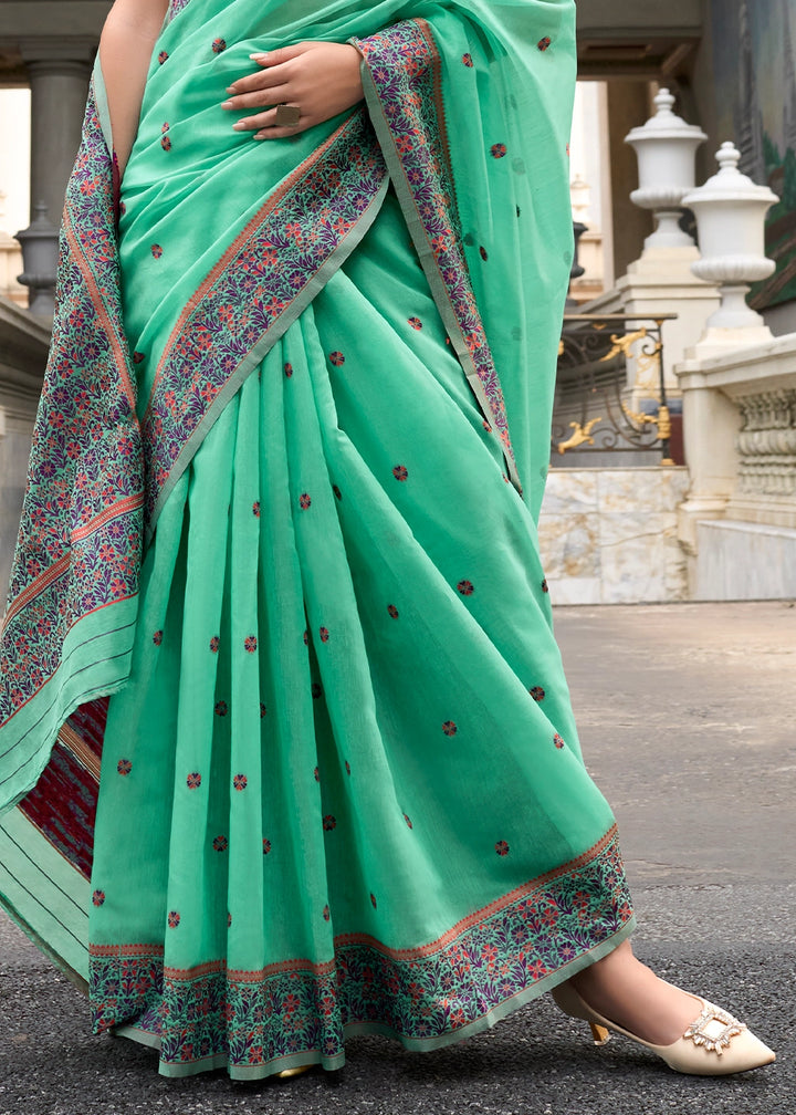 Mint Green Soft Linen Cotton Saree with Artistic Meenakari Pallu