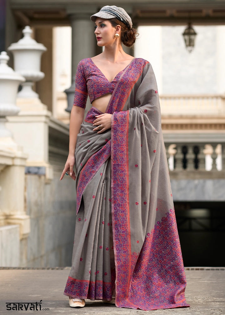Nickel Grey Soft Linen Cotton Saree with Artistic Meenakari Pallu