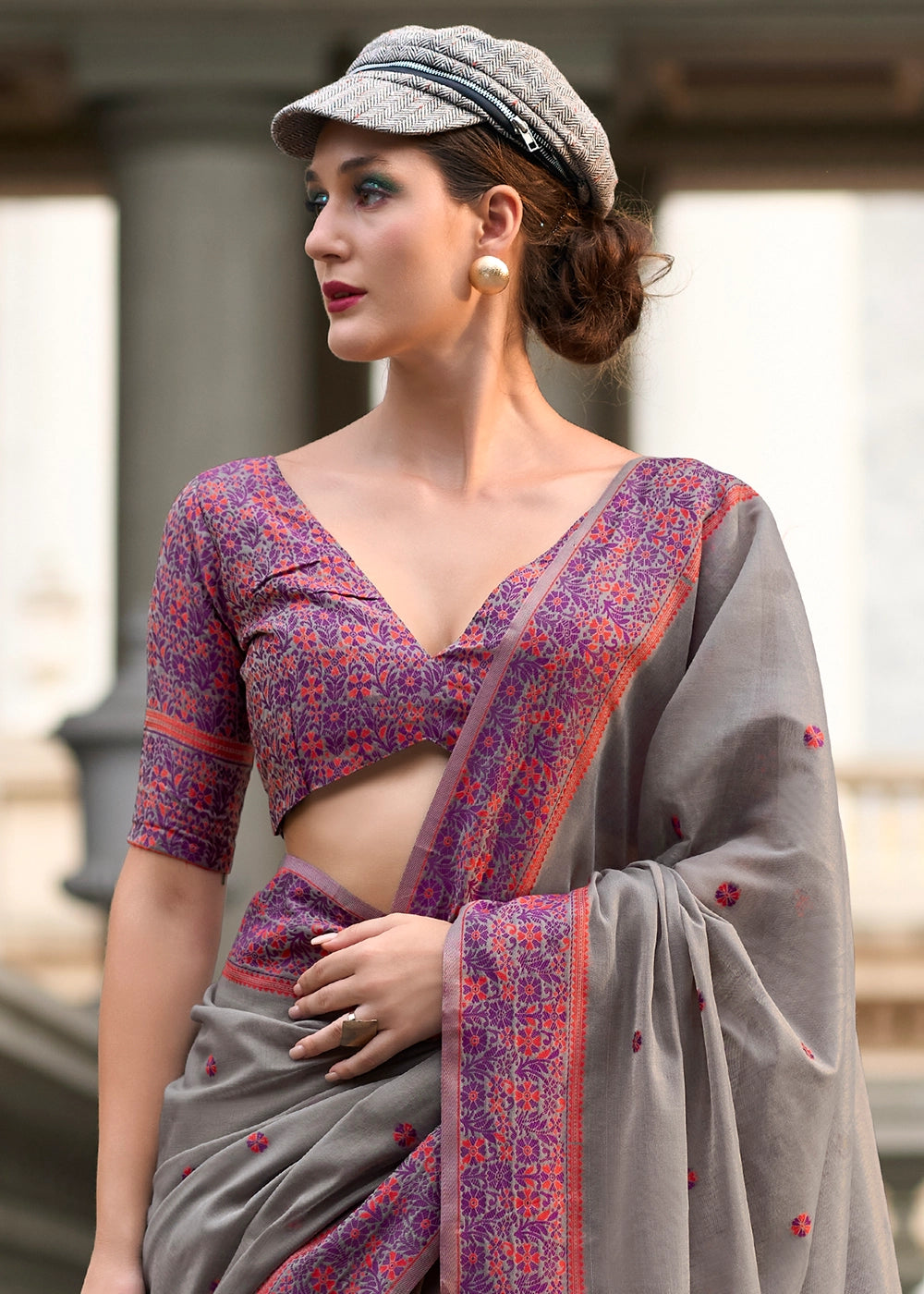 Nickel Grey Soft Linen Cotton Saree with Artistic Meenakari Pallu