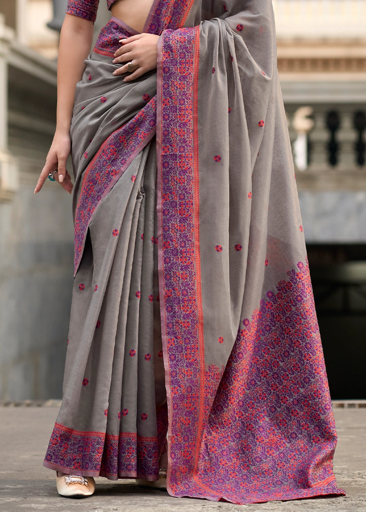Nickel Grey Soft Linen Cotton Saree with Artistic Meenakari Pallu