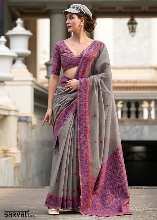 Nickel Grey Soft Linen Cotton Saree with Artistic Meenakari Pallu
