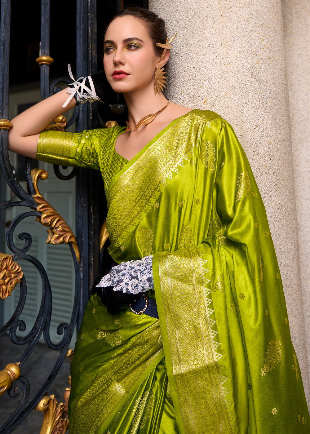 Apple Green Satin Munga Silk Saree with Elegant Zari Weaving