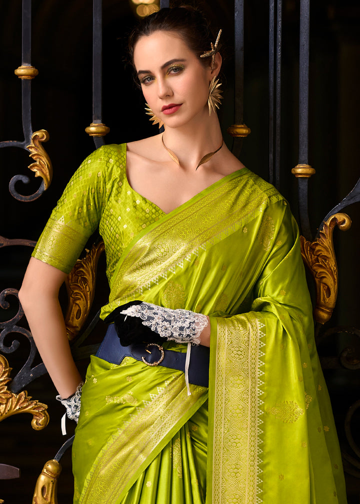 Apple Green Satin Munga Silk Saree with Elegant Zari Weaving