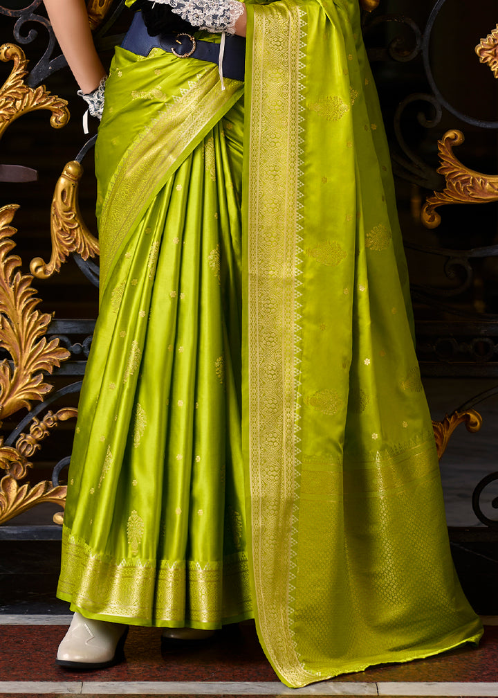 Apple Green Satin Munga Silk Saree with Elegant Zari Weaving