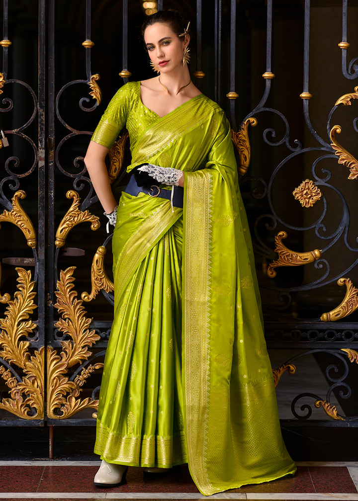 Apple Green Satin Munga Silk Saree with Elegant Zari Weaving