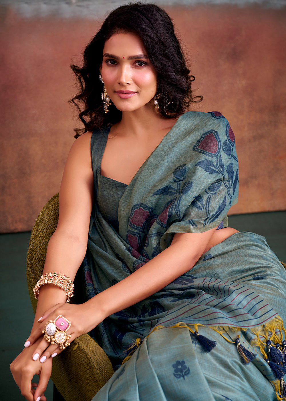 Shades Of Blue Floral Printed Cotton Silk Saree