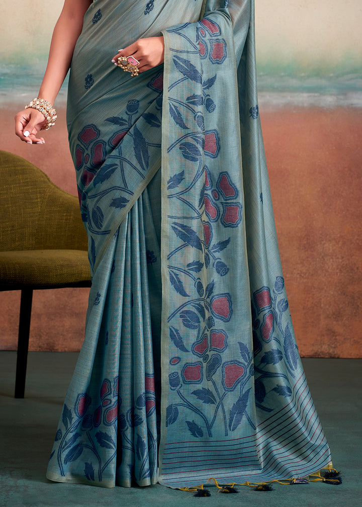 Shades Of Blue Floral Printed Cotton Silk Saree