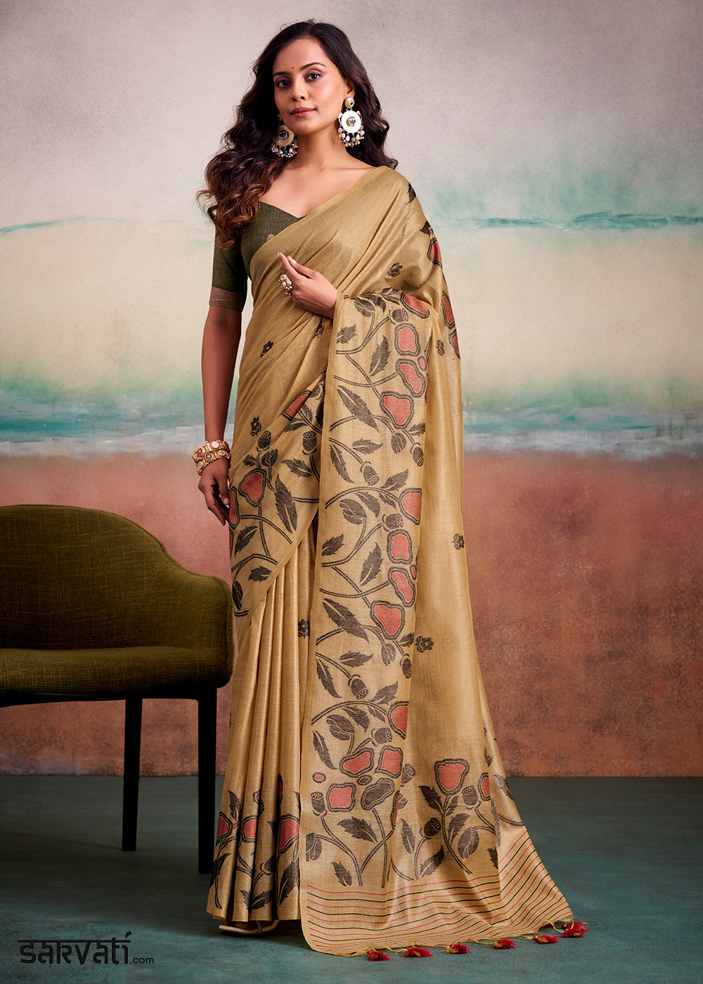 Light Brown Floral Printed Cotton Silk Saree
