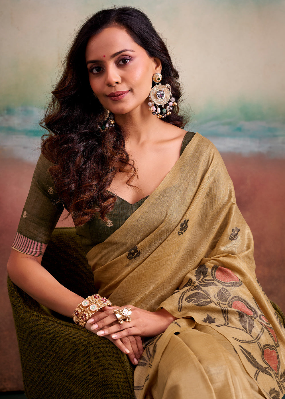 Light Brown Floral Printed Cotton Silk Saree