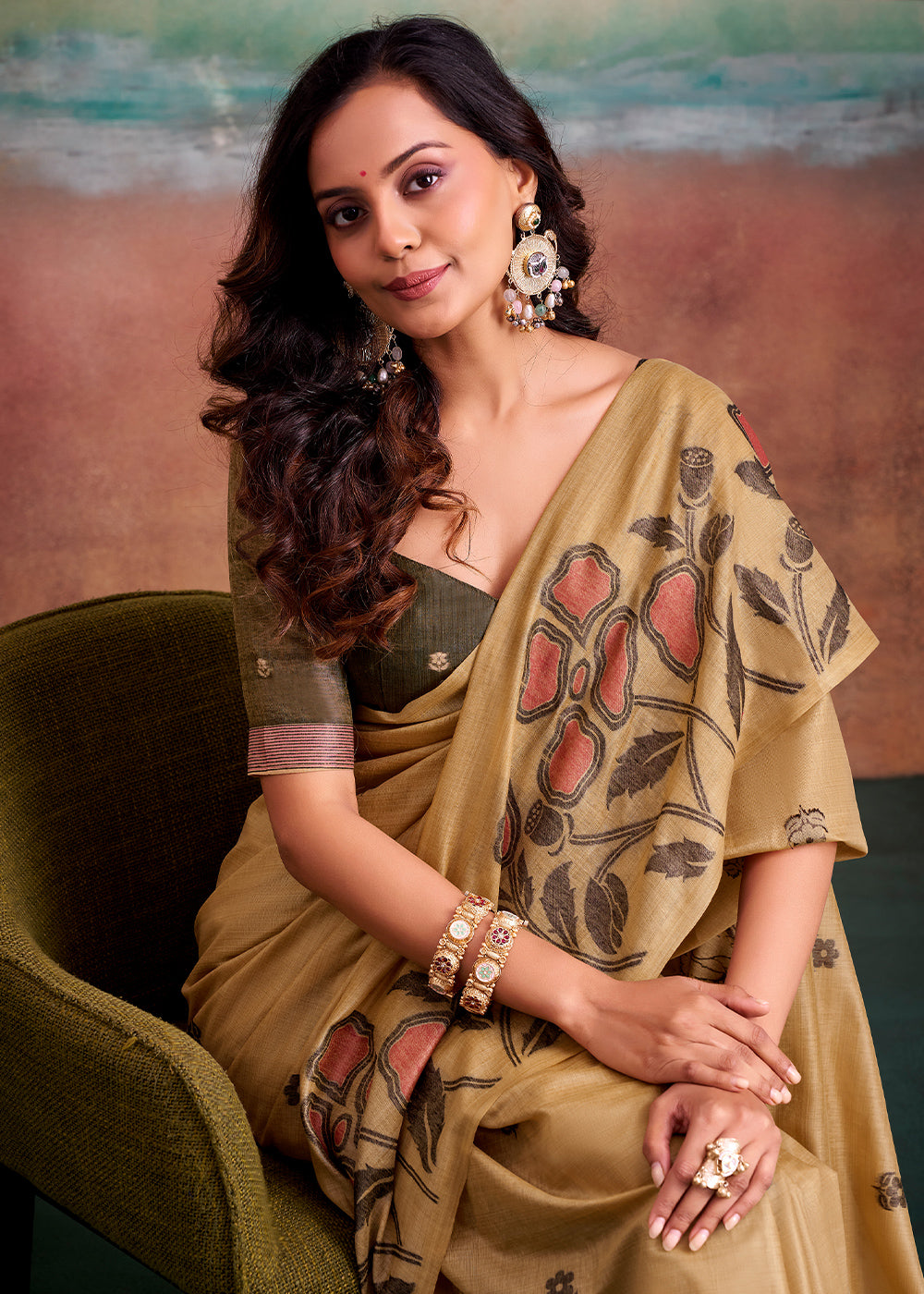 Light Brown Floral Printed Cotton Silk Saree