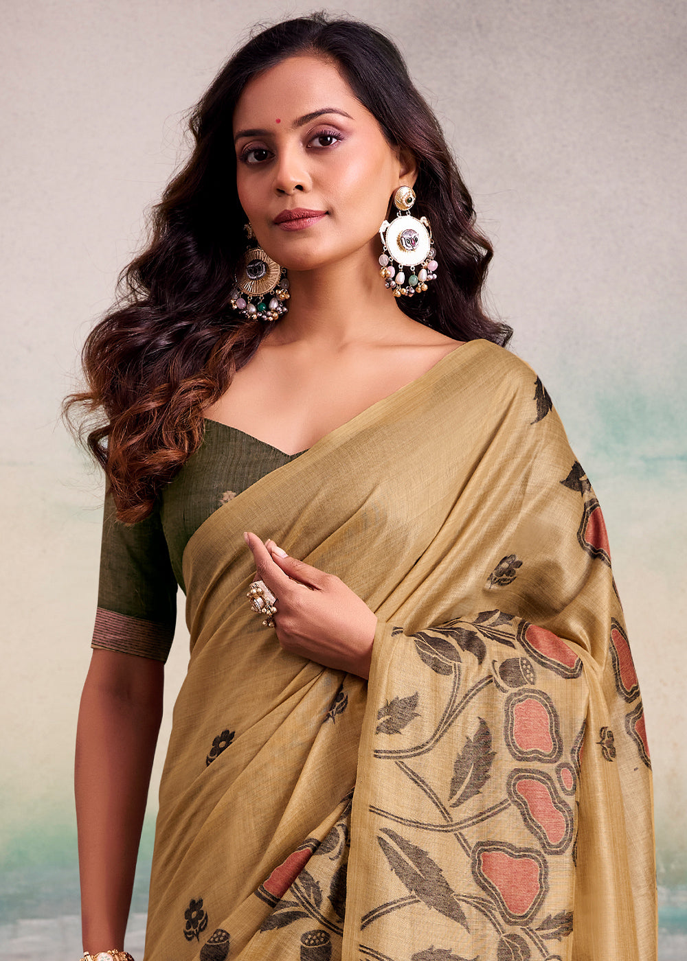 Light Brown Floral Printed Cotton Silk Saree