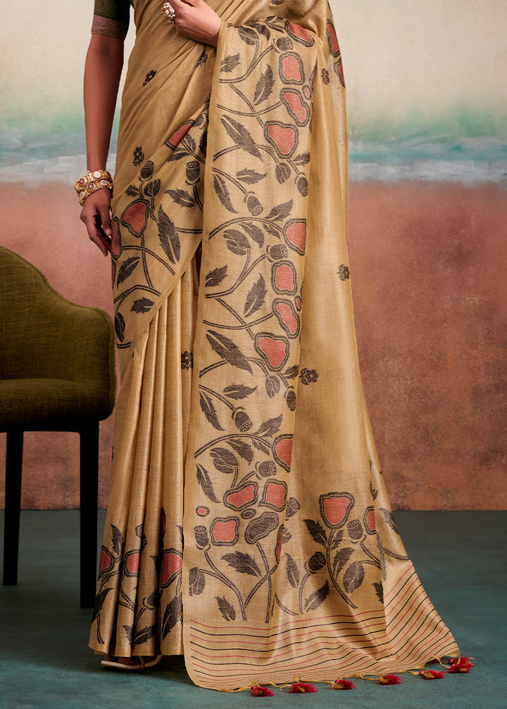 Light Brown Floral Printed Cotton Silk Saree