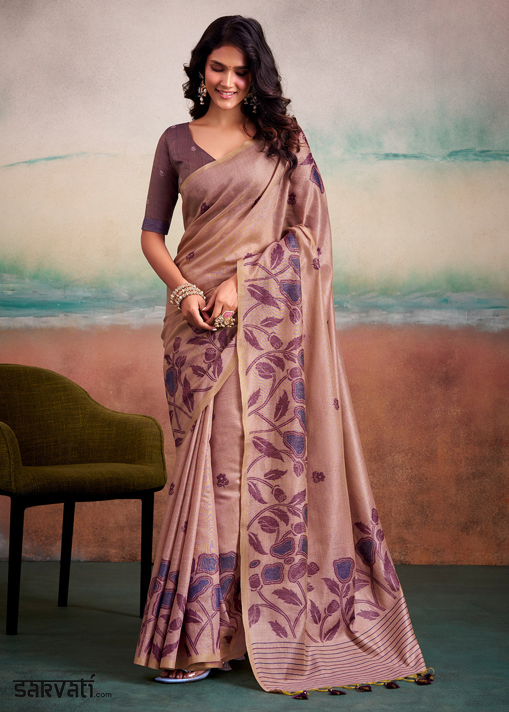 Shades Of Purple Floral Printed Cotton Silk Saree