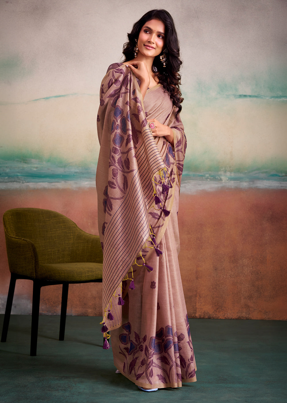 Shades Of Purple Floral Printed Cotton Silk Saree